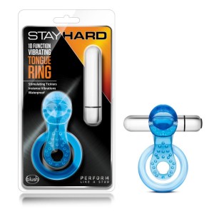 Stay Hard 10-Function Vibrating Tongue Cock/Ball Ring - Blue