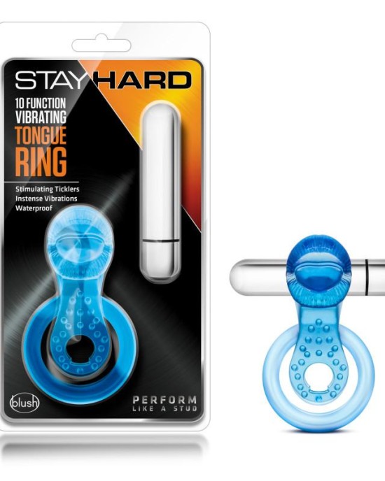 Stay Hard 10-Function Vibrating Tongue Cock/Ball Ring - Blue