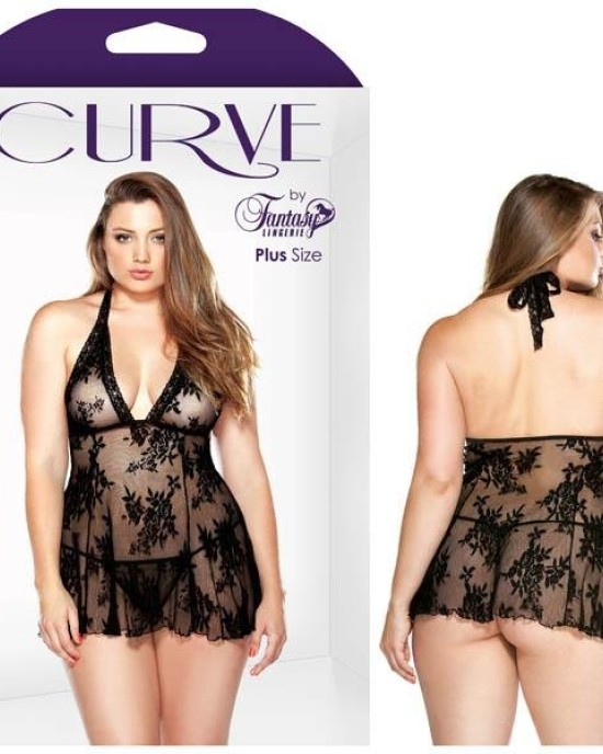 Curve Claudia Stretch Lace Chemise And Matching G-string - Black - 1X/2X