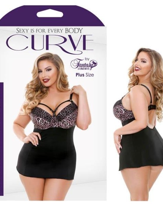 Curve Josephine Cutout Molded Leopard Print Chemise/ G-String - Rose Leopard - 1X/2X