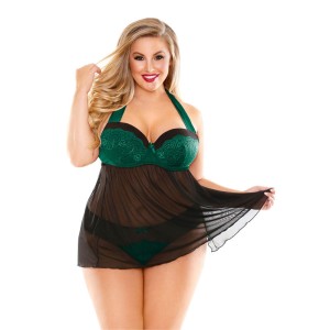 Curve Sonia Halter Tie Babydoll with Moulded Cups & Panty - Green/Black 3X/4X