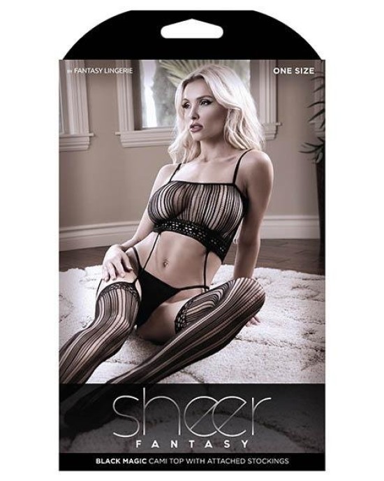 Sheer Fantasy Black Magic Cami Top with Attached Stockings - Black - OS