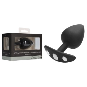 OUCH! Extra Large Diamond Butt Plug With Handle - Black with Gem Base