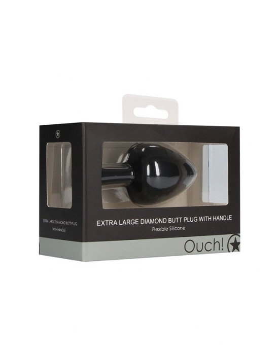 OUCH! Extra Large Diamond Butt Plug With Handle - Black with Gem Base