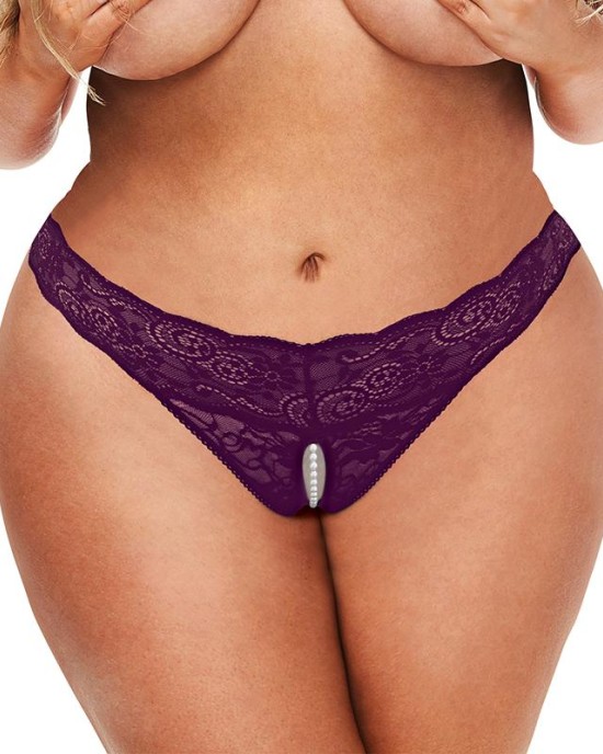 Secret Kisses Lace & Pearls Crotchless Thong - Purple - QS