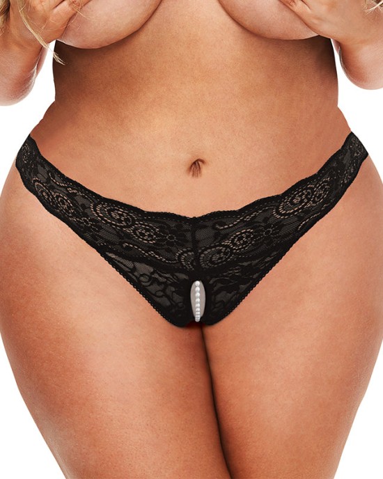 Secret Kisses Lace & Pearls Crotchless Thong - Black - QS