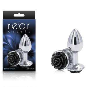 Rear Assets Rose - Small - Chrome 7.6cm Butt Plug with Black Rose Base