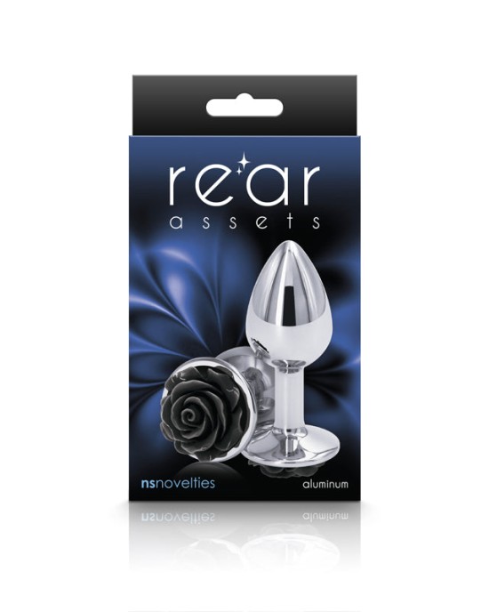 Rear Assets Rose - Small - Chrome 7.6cm Butt Plug with Black Rose Base