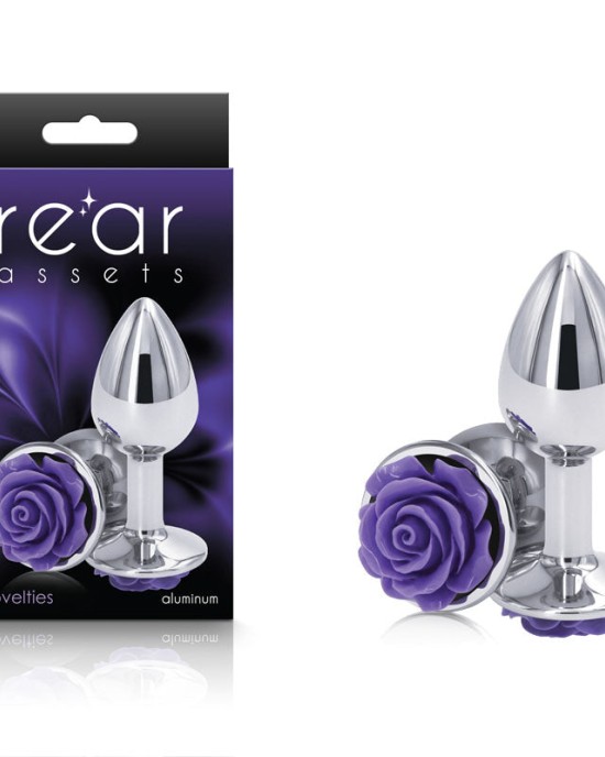 Rear Assets Rose - Small - Chrome 7.6cm Butt Plug with Purple Rose Base