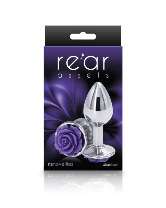 Rear Assets Rose - Small - Chrome 7.6cm Butt Plug with Purple Rose Base