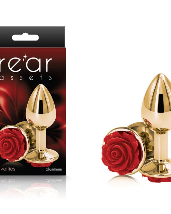 Rear Assets Rose - Small - Gold 7.6cm Butt Plug with Red Rose Base