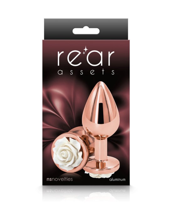 Rear Assets Rose - Medium - Rose Gold 8.9cm Butt Plug with White Rose Base