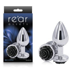 Rear Assets Rose - Medium - Chrome 8.9cm Butt Plug with Black Rose Base