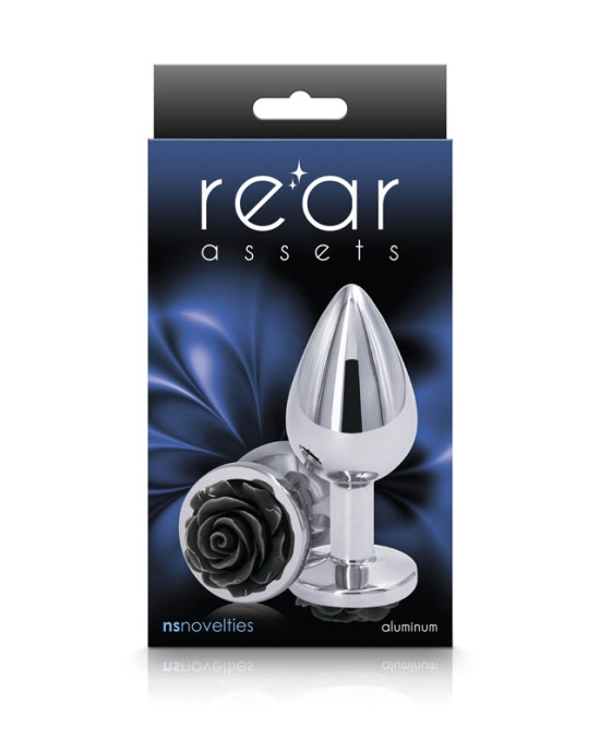 Rear Assets Rose - Medium - Chrome 8.9cm Butt Plug with Black Rose Base