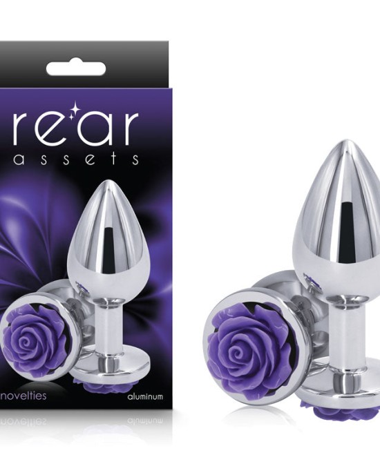 Rear Assets Rose - Medium - Chrome 8.9cm Butt Plug with Purple Rose Base