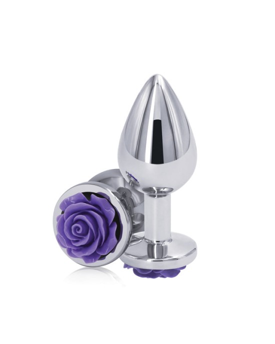 Rear Assets Rose - Medium - Chrome 8.9cm Butt Plug with Purple Rose Base