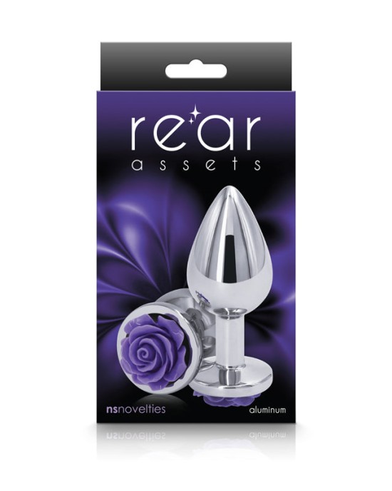 Rear Assets Rose - Medium - Chrome 8.9cm Butt Plug with Purple Rose Base