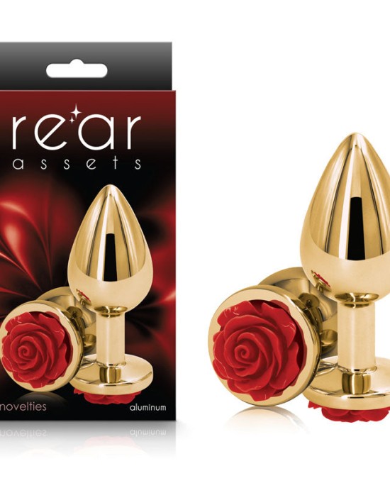 Rear Assets Rose - Medium - Gold 8.9cm Butt Plug with Red Rose Base