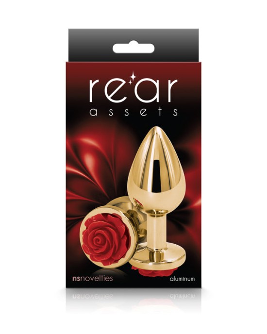 Rear Assets Rose - Medium - Gold 8.9cm Butt Plug with Red Rose Base