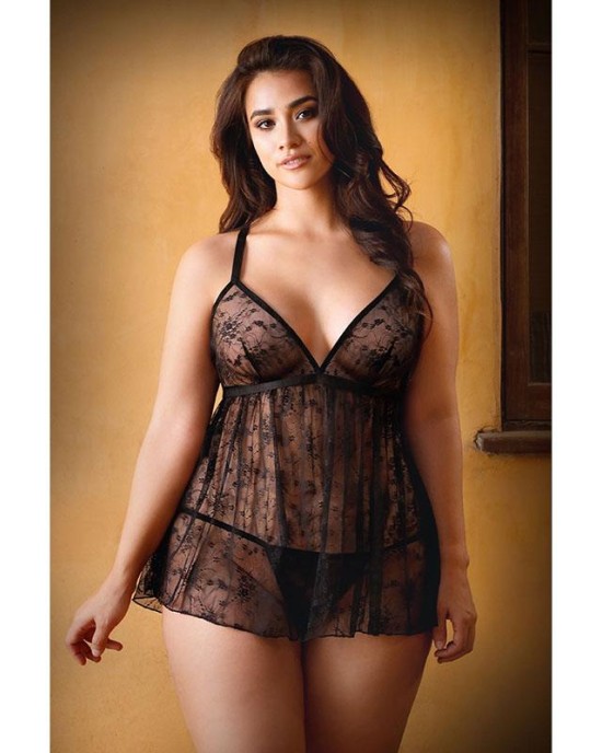 Curve Elena Lace Babydoll & Panty - Black - 1X/2X