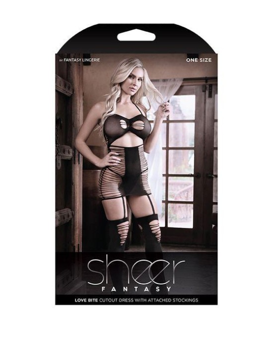 Sheer Fantasy Love Bite Cutout Dress with Attached Stockings - Black - OS