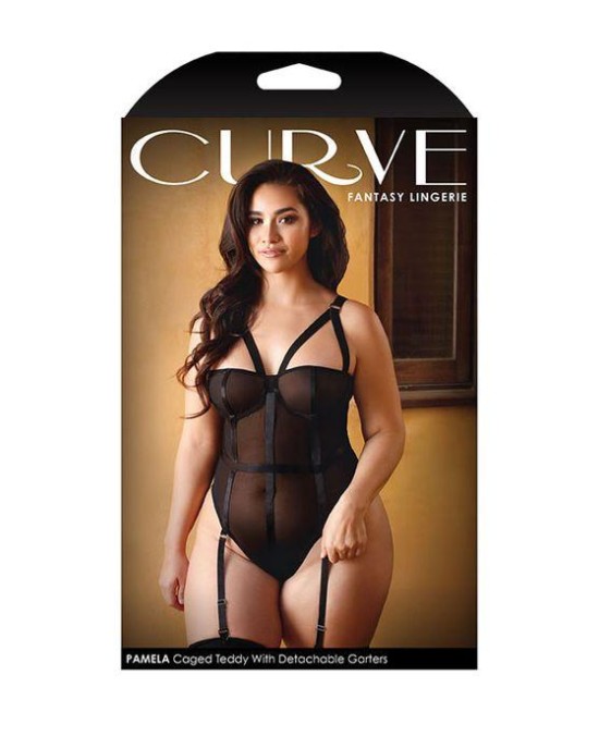 Curve Pamela Caged Teddy with Garters - Black - 3X/4X