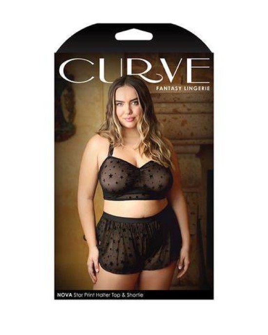 Curve Nova Star Print Halter Top & Shortie - Black - 1X/2X