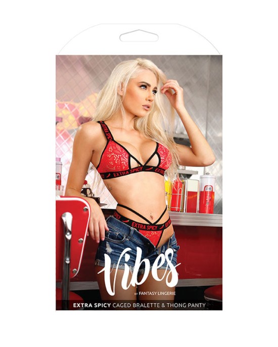 Vibes Extra Spicy Caged Bralette & Thong - Red - M/L