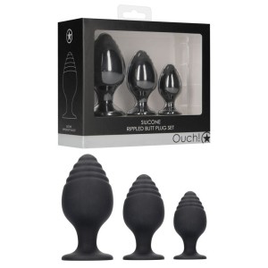 Ouch! Rippled Butt Plug Set - Black - 3 Sizes