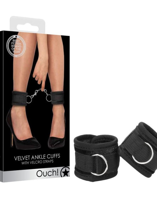 Ouch! Velvet & Velcro Adjustable Ankle Cuffs - Black Leg Restraints