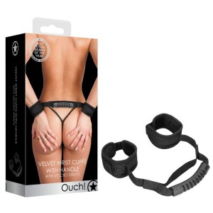 OUCH! Velvet & Velcro Adjustable Handcuffs with Handle - Black Restraints