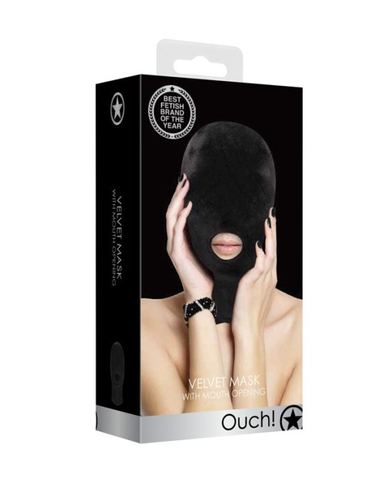 Ouch! Velvet & Velcro Mask with Mouth Opening - Black Hood