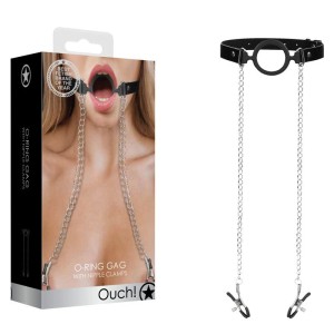 OUCH! O-Ring Gag With Nipple Clamps