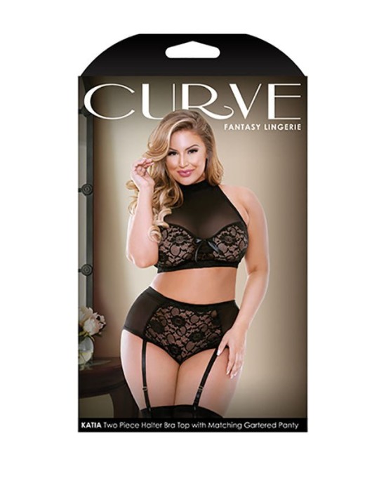 Curve Katia Two Piece Halter Bra Top with Matching Gartered Panty - Black - 1X/2X