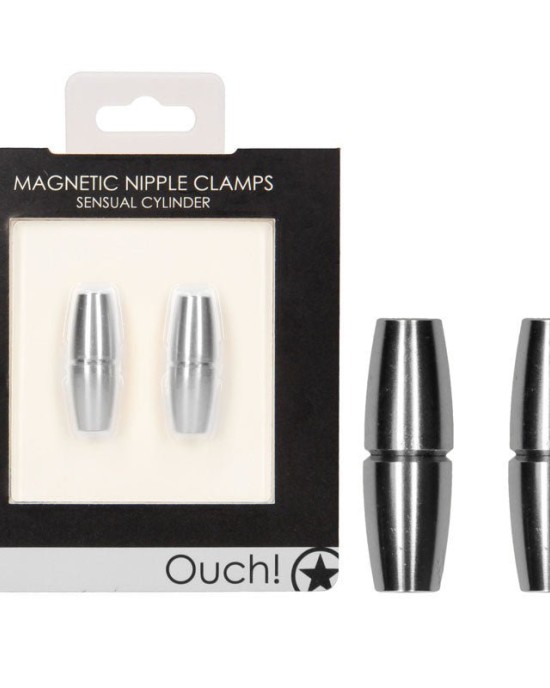 OUCH! Magnetic Sensual Cylinder Silver Nipple Clamps - Set of 2