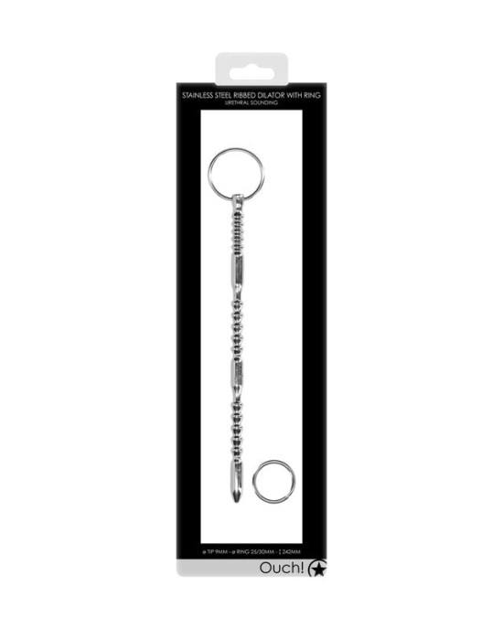 OUCH! Urethral Sounding Ribbed -  Stainless Steel 24cm Dilator with Ring