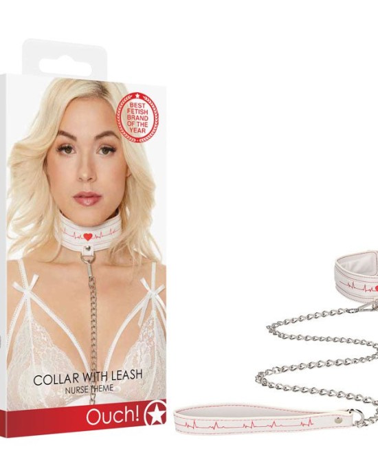 OUCH! Collar With Leash - Nurse Theme - White/Red