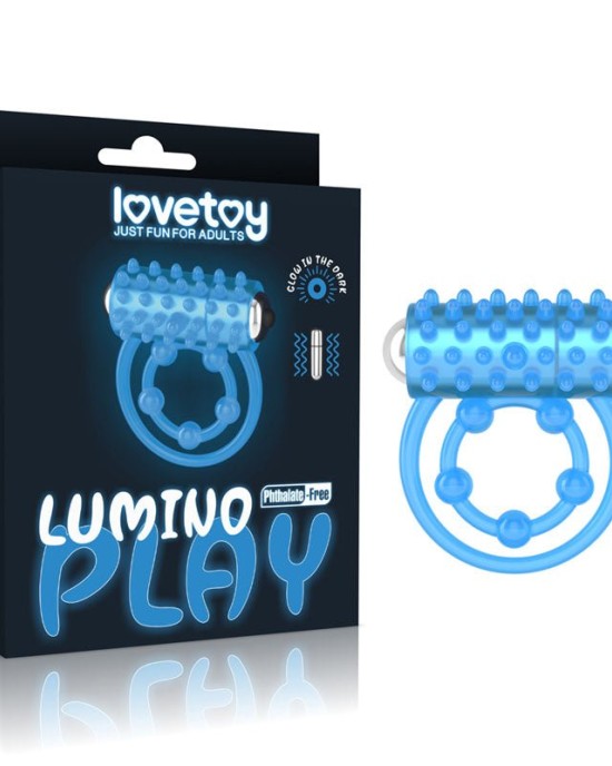 Lumino Play Vibrating Glow in the Dark Blue Penis & Balls Cock Ring