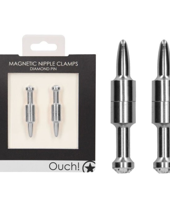 OUCH! Magnetic Diamond Pin Silver Nipple Clamps - Set of 2