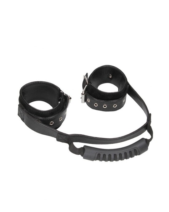 OUCH! Black & White Bonded Leather Hand Cuffs with Handle - Black