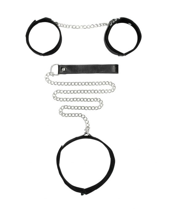 OUCH! Black & White Velcro Collar with Leash and Hand Cuffs - Black