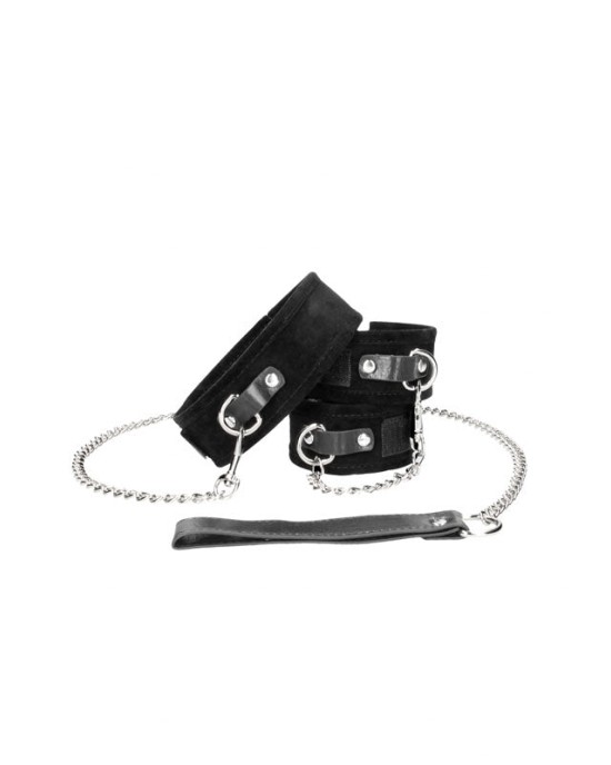 OUCH! Black & White Velcro Collar with Leash and Hand Cuffs - Black