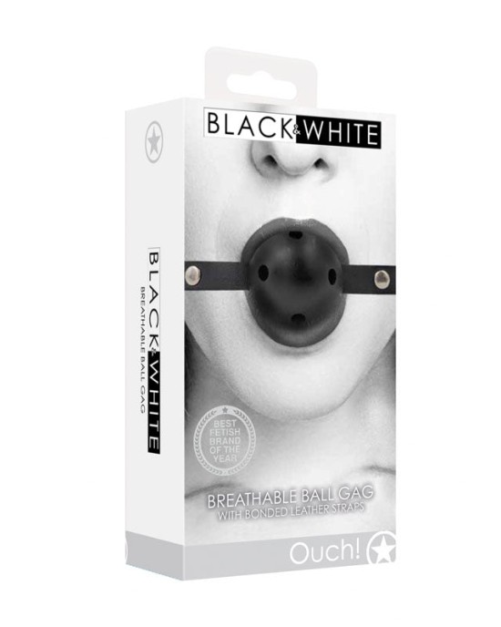 OUCH! Black & White Breathable Ball Gag with Bonded Leather Straps - Black