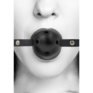 OUCH! Black & White Breathable Ball Gag with Bonded Leather Straps - Black