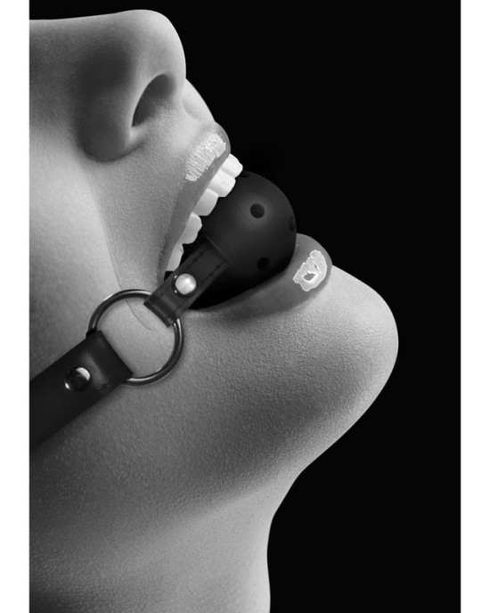 OUCH! Black & White Breathable Ball Gag with Bonded Leather Straps - Black