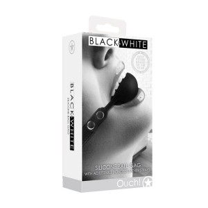 OUCH! Black & White Ball Gag with Adjustable Bonded Leather Straps - Black