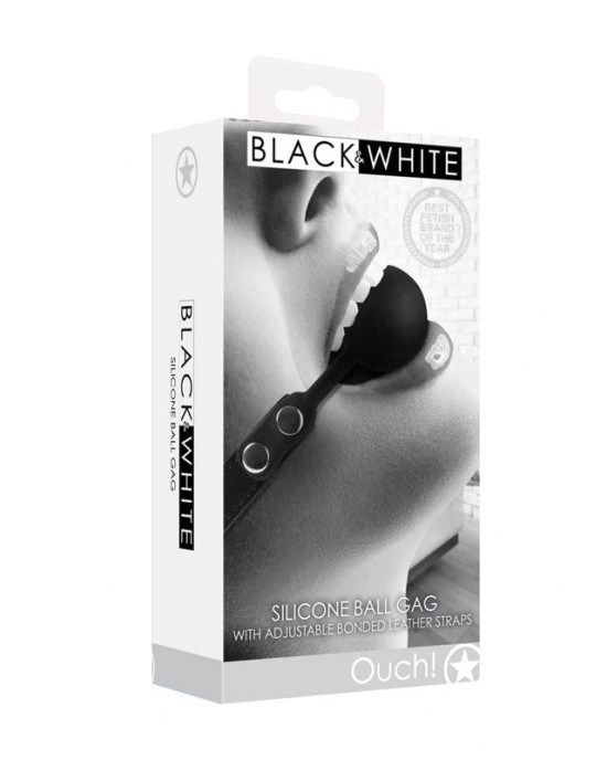 OUCH! Black & White Ball Gag with Adjustable Bonded Leather Straps - Black