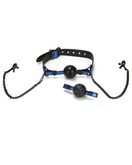 WhipSmart Diamond Ball Gag & Nipple Clips - Blue