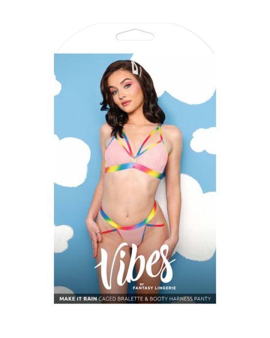 Vibes Make it Rain Caged Bralette & Booty Harness Panty - Pink/Rainbow - S/M