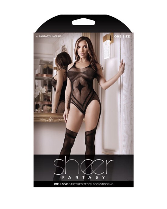 Sheer Fantasy Impulsive Gartered Teddy Bodystocking - Black - OS